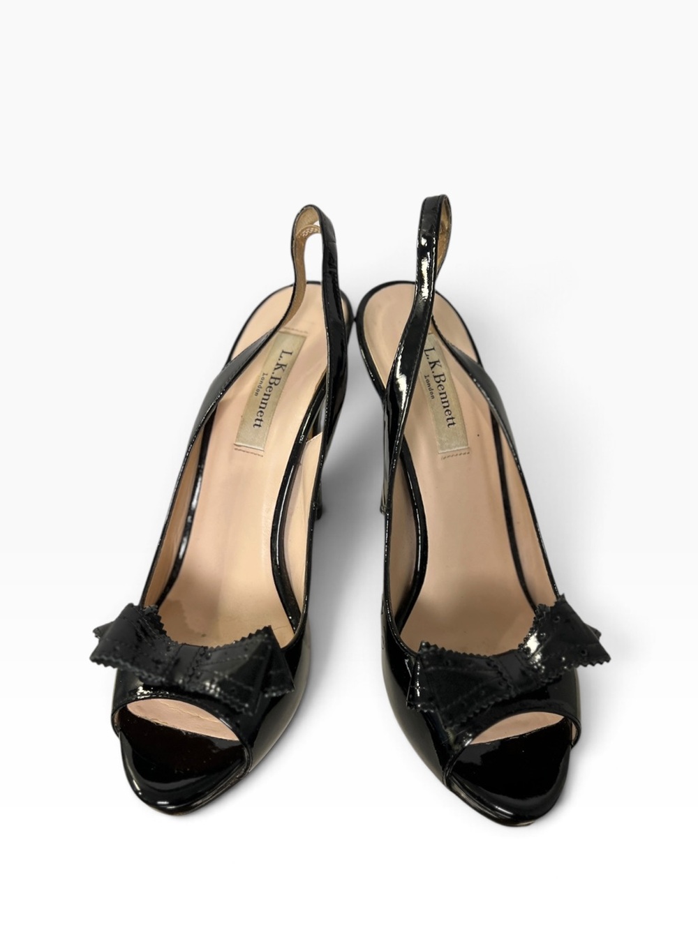 L.K. Bennett Pacific Black Patent Bow Peep Toe Slingback Heels, 38